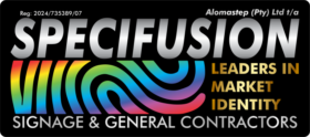 "Specifusion Signage & General Contractors company logo, featuring a circular orange and green emblem with stylized curves, next to the green text 'SPECIFUSION' and orange text 'SIGNAGE & GENERAL CONTRACTORS'."